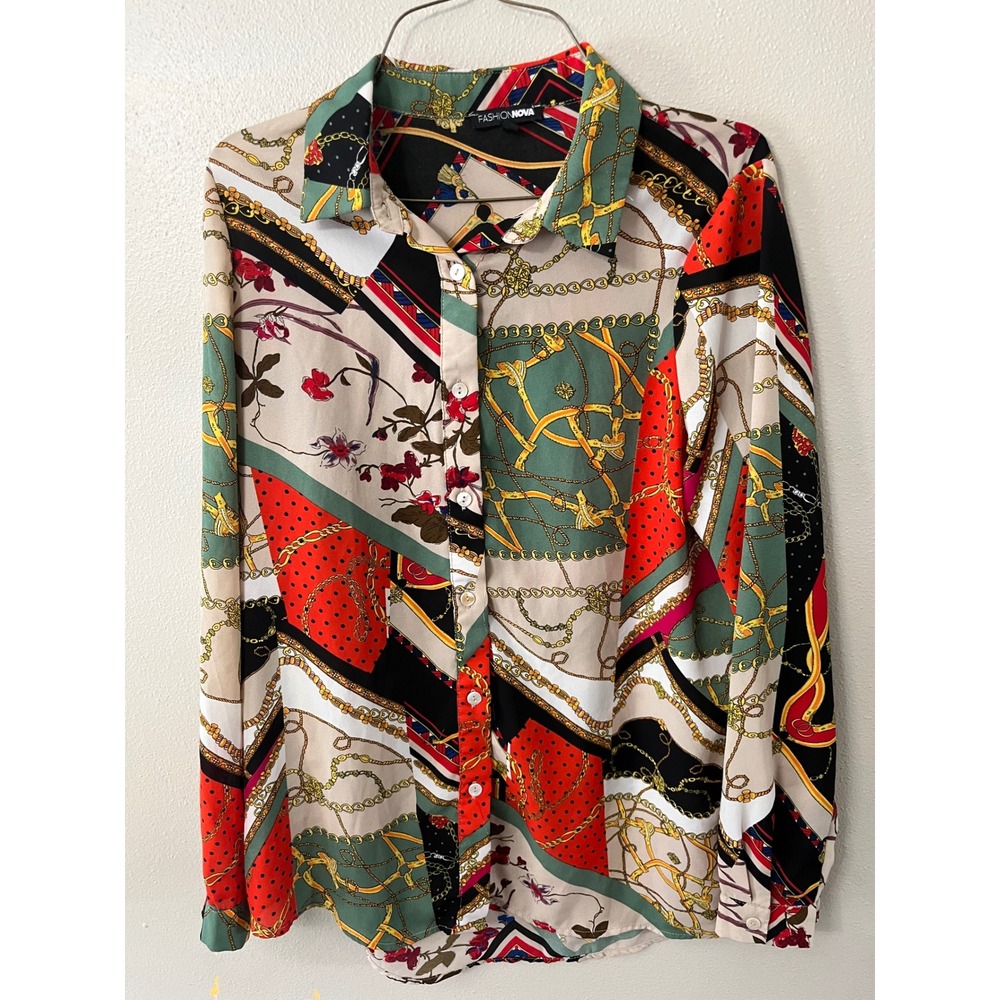 FASHION NOVA Scarf Print Blouse Baritone Chain Women S Multicolor Excellent
